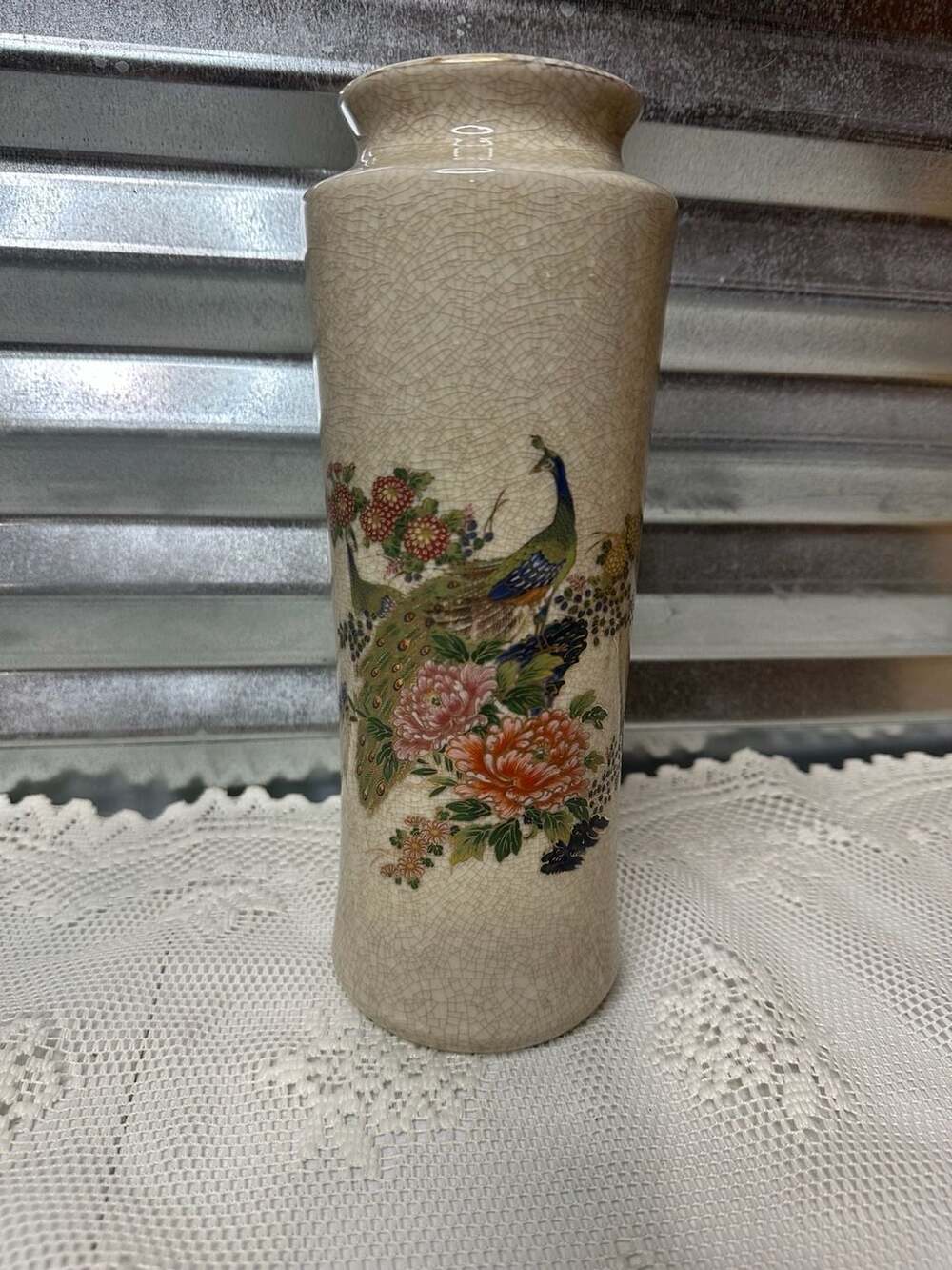 Vintage Asahi Sato Gordon Japan Peacock Vase Crackle Glaze Floral Decor 12"